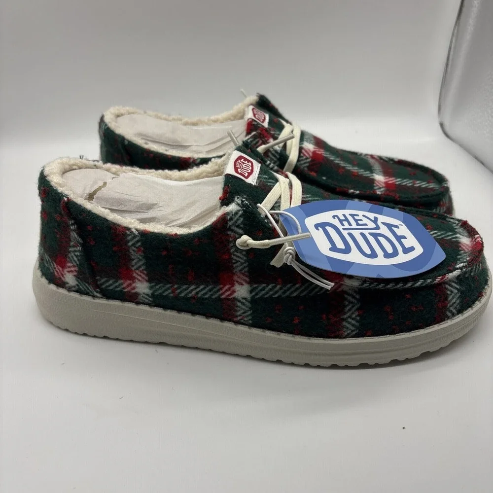 Hey Dude Wendy Confetti Plaid Cozy Shoes‎ Slip On Red Green Size 8 Womens